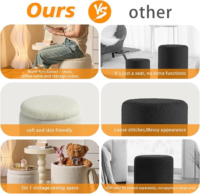 Round Ottoman with Storage Set of 2-Upholstered Sherpa Vanity Stool - Image 5