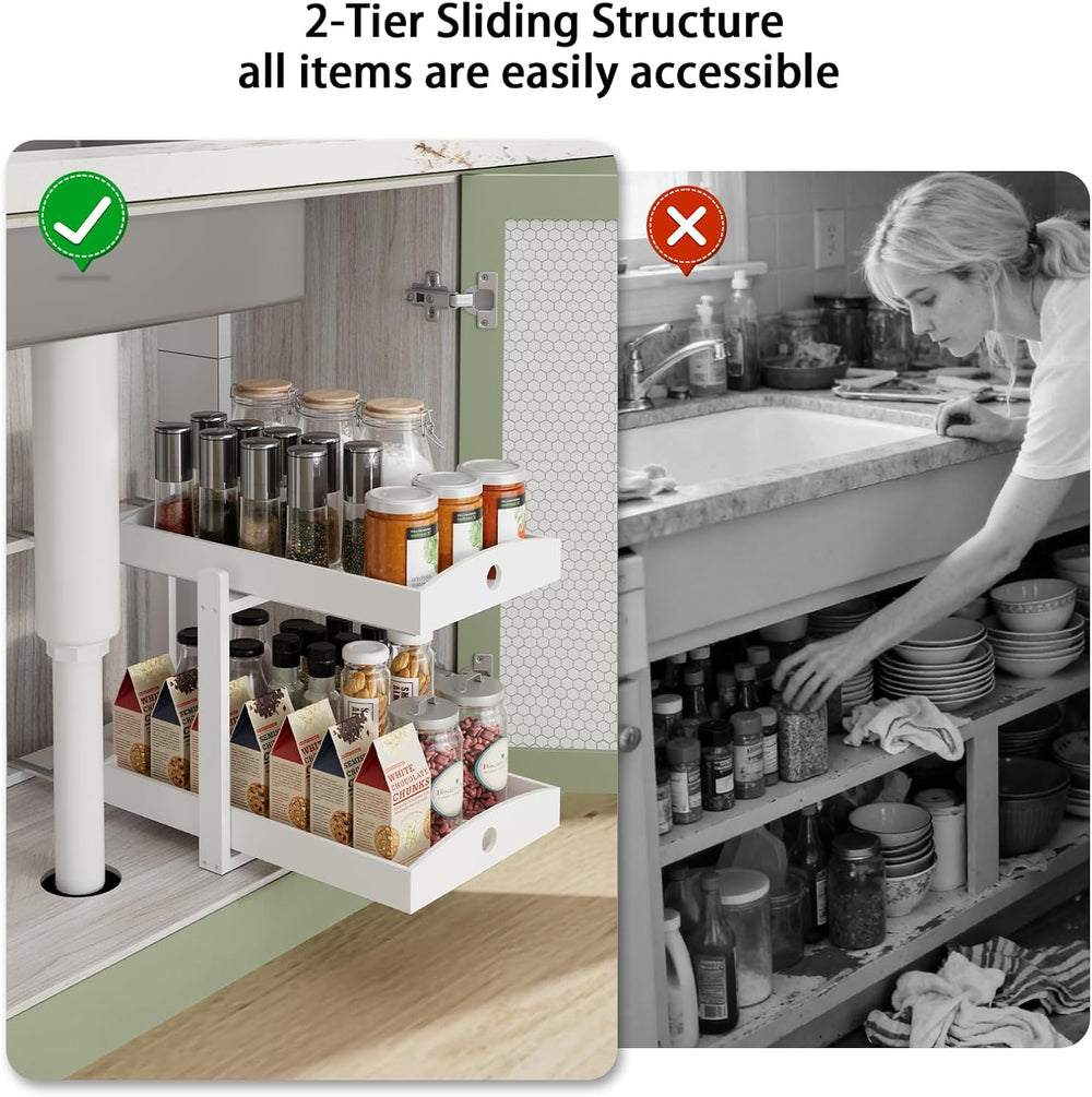 2 Pack Bamboo Under Sink Organizer, 2-Tier Pull-Out Drawers, Kitchen & Bath