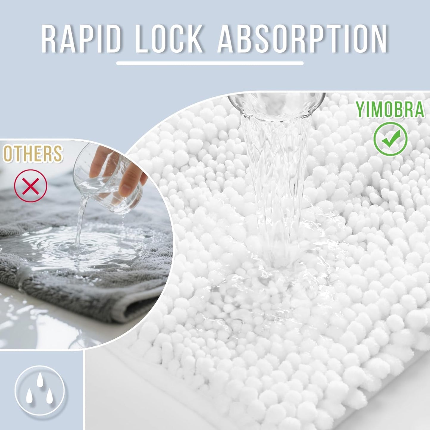 Yimobra Bathroom Rug Mat, Non Slip and Super Absorbent Bath Mat, Machine Washable Quick Dry, Ultra Plush Chenille Shower Rugs for Bathroom Floor Sink Tub and Shower Outside, White, 24 x 17