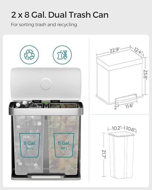 SONGMICS Kitchen Trash Can, 16 Gallon Dual Compartment Garbage Can, 60L Pedal - Image 3