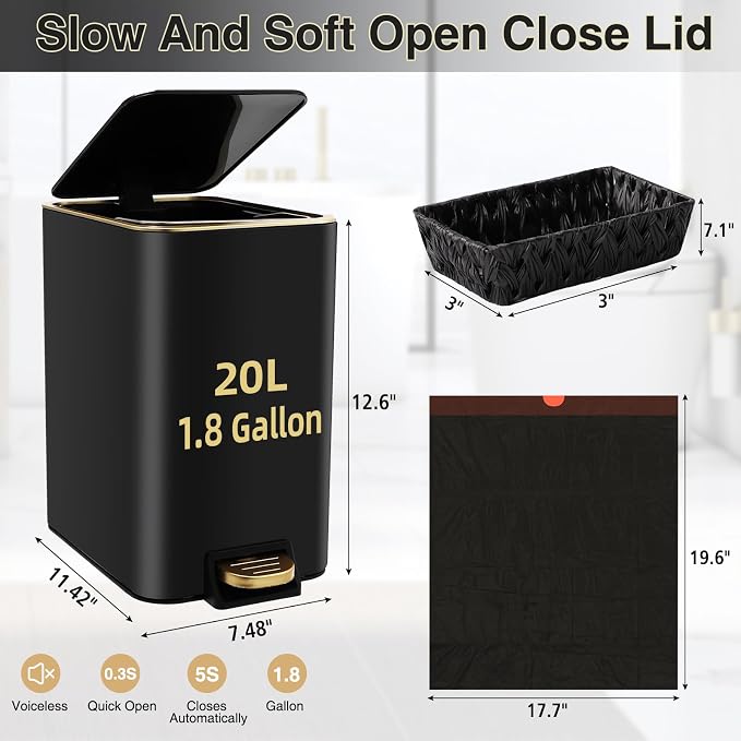 Small Bathroom Trash Can with Lid Soft Close, 1.8 Gallon Stainless Steel - Image 6