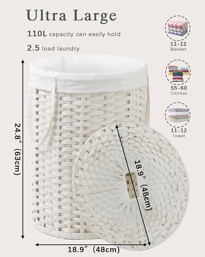 Laundry Basket with Lid Round Rattan Laundry Hamper with Lid and Handles 29.1 - Image 4