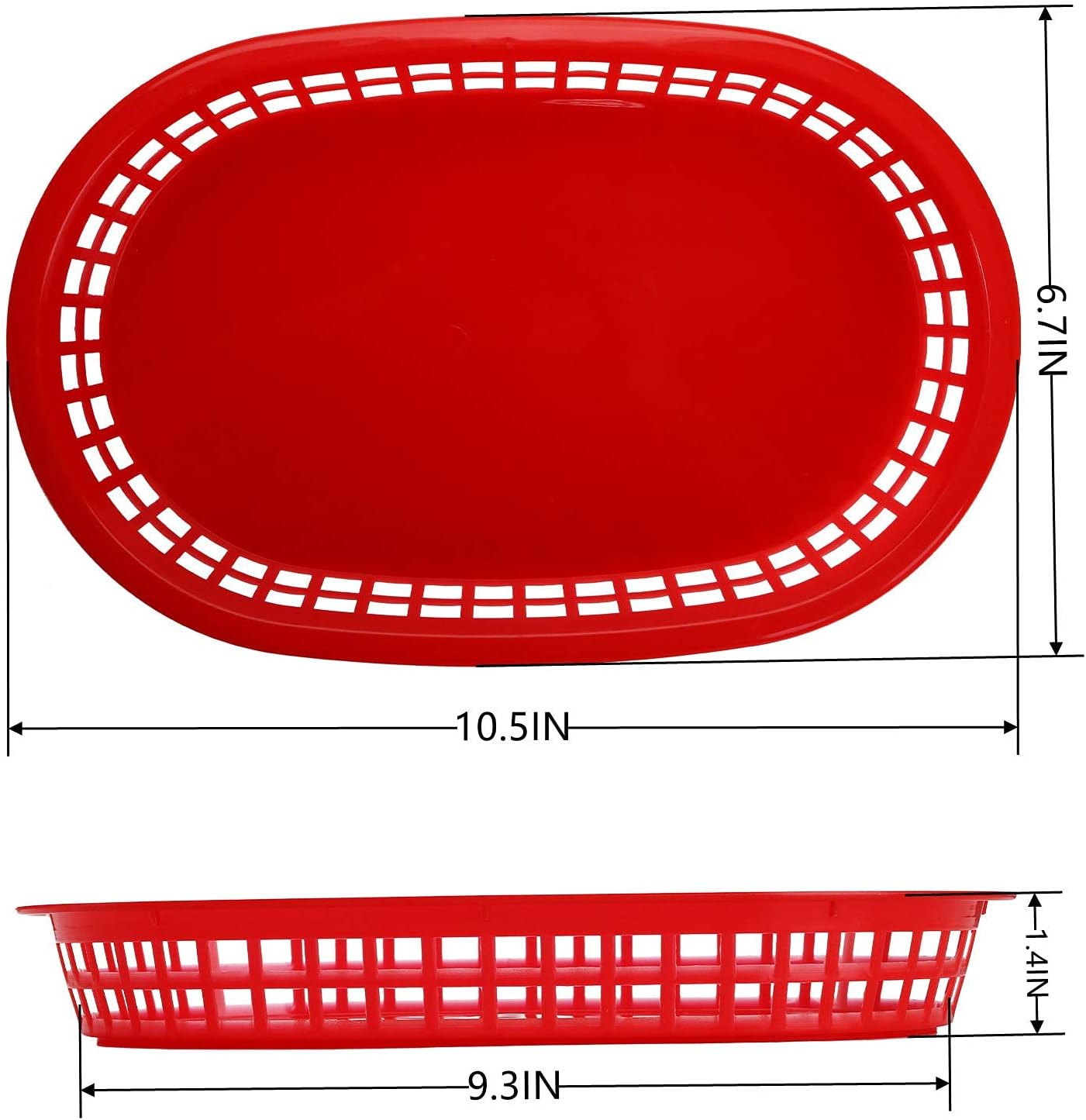 Cedilis 40 Pack Fast Food Baskets, 10.5 x 7 Inch Plastic Baskets, Food Service Tray for Hot Dogs, Burgers, Sandwiches, Fries, Barbecues, Picnics, Parties (red)
