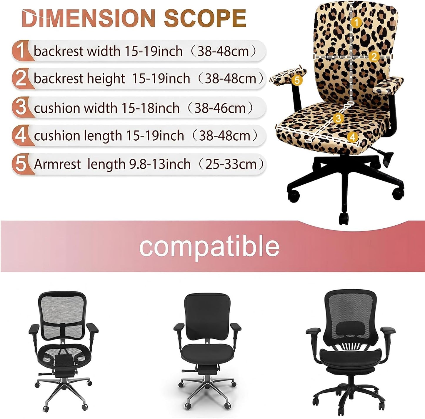 Suncalla 4 Pcs Cheetah Printed Office Chair Covers Set Stretch Leopard Computer Universal Protective Stretchable Chair Seat Covers Washable Desk Armrest Slipcovers Pads for Office Rotating