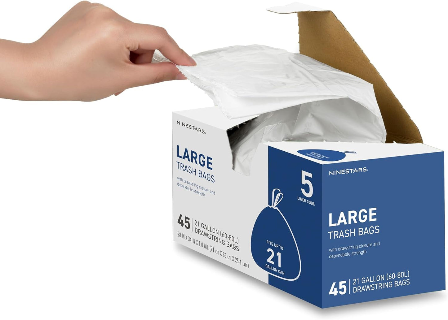 Ninestars Extra Strong White Trash Bags with Drawstring, Multiple Sizes 90 Count, Kitchen Drawstring trash bags 90 Trash Bags (21 gallon 90 ct)