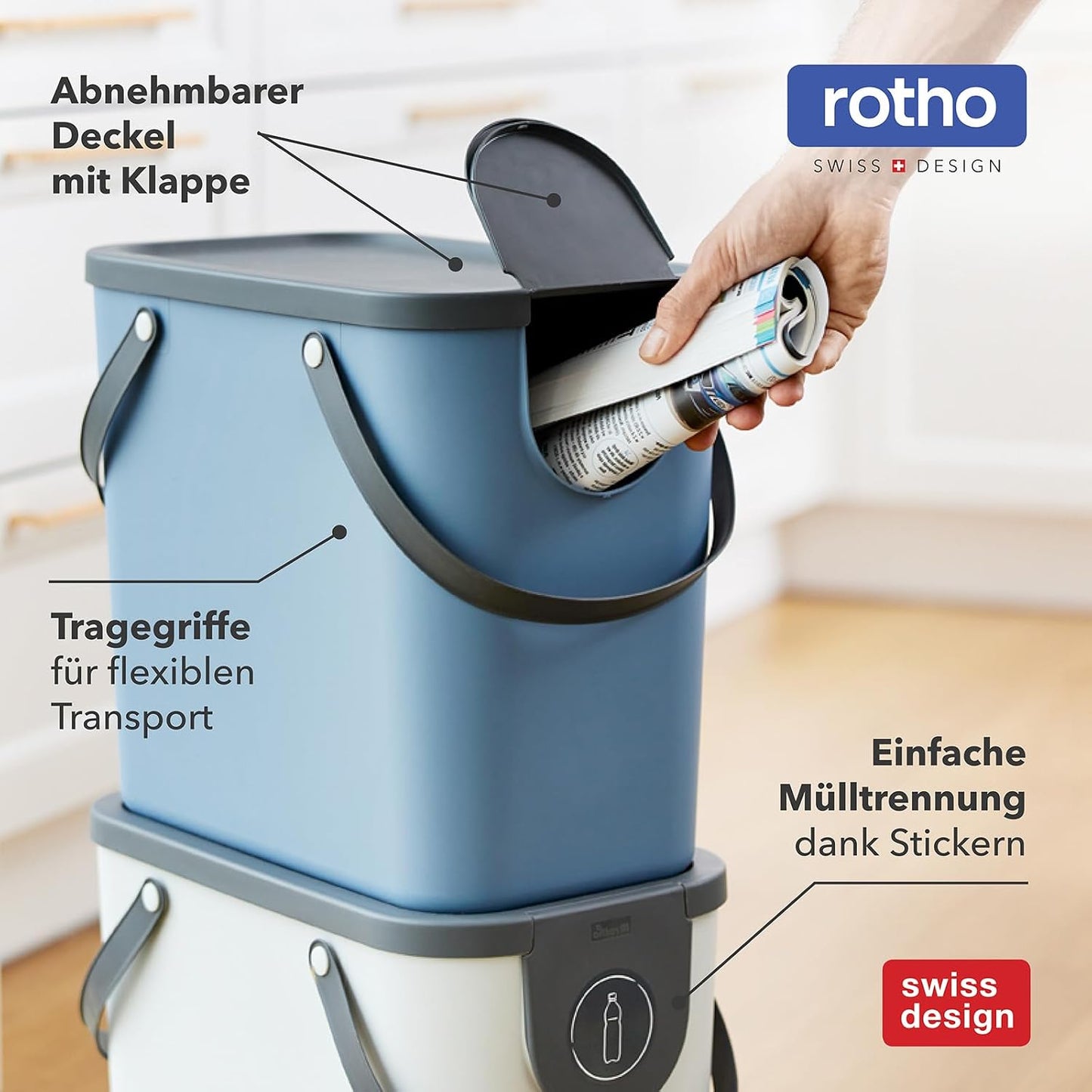 Rotho Indoor Recycling bin from Albula - 1024901023, White, 25 l (40.0 x 23.5 x 34.0 cm)