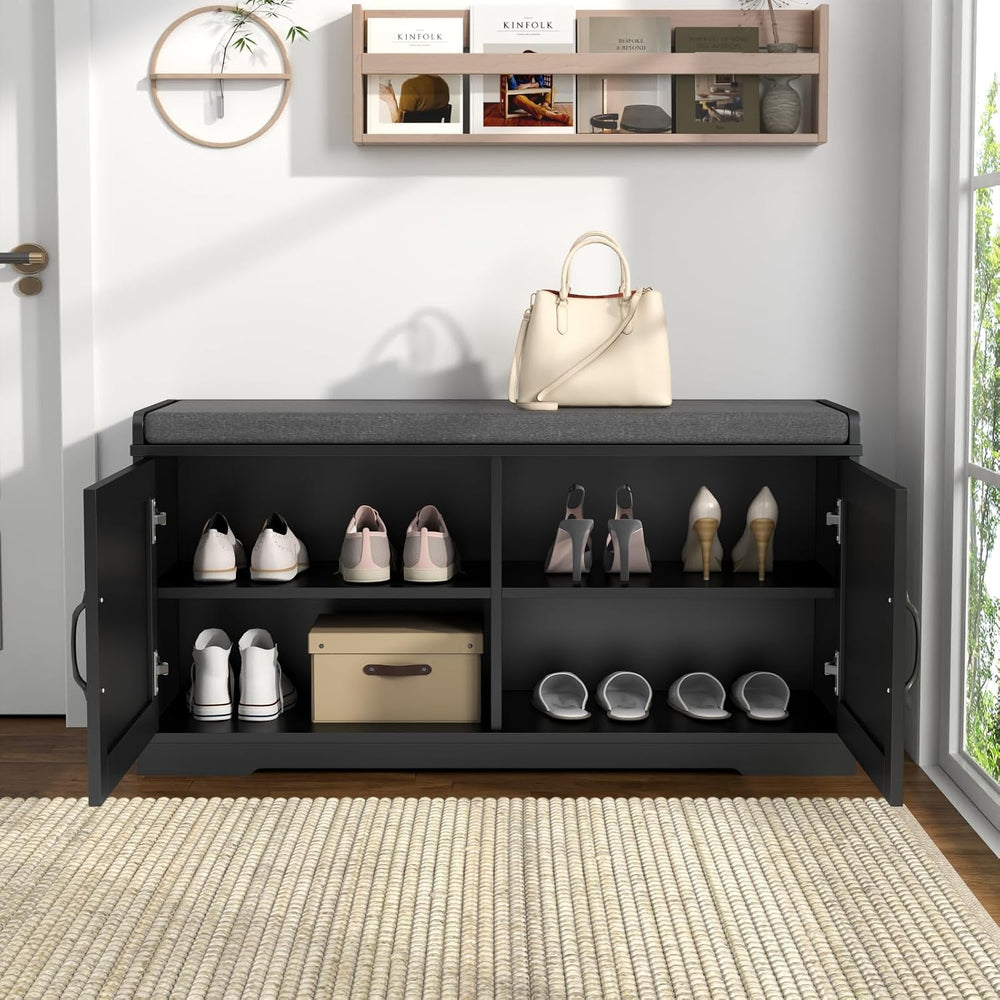 Loomie Shoe Storage Bench, 2-Tier Farmhouse Entryway Bench with Padded Seat C...