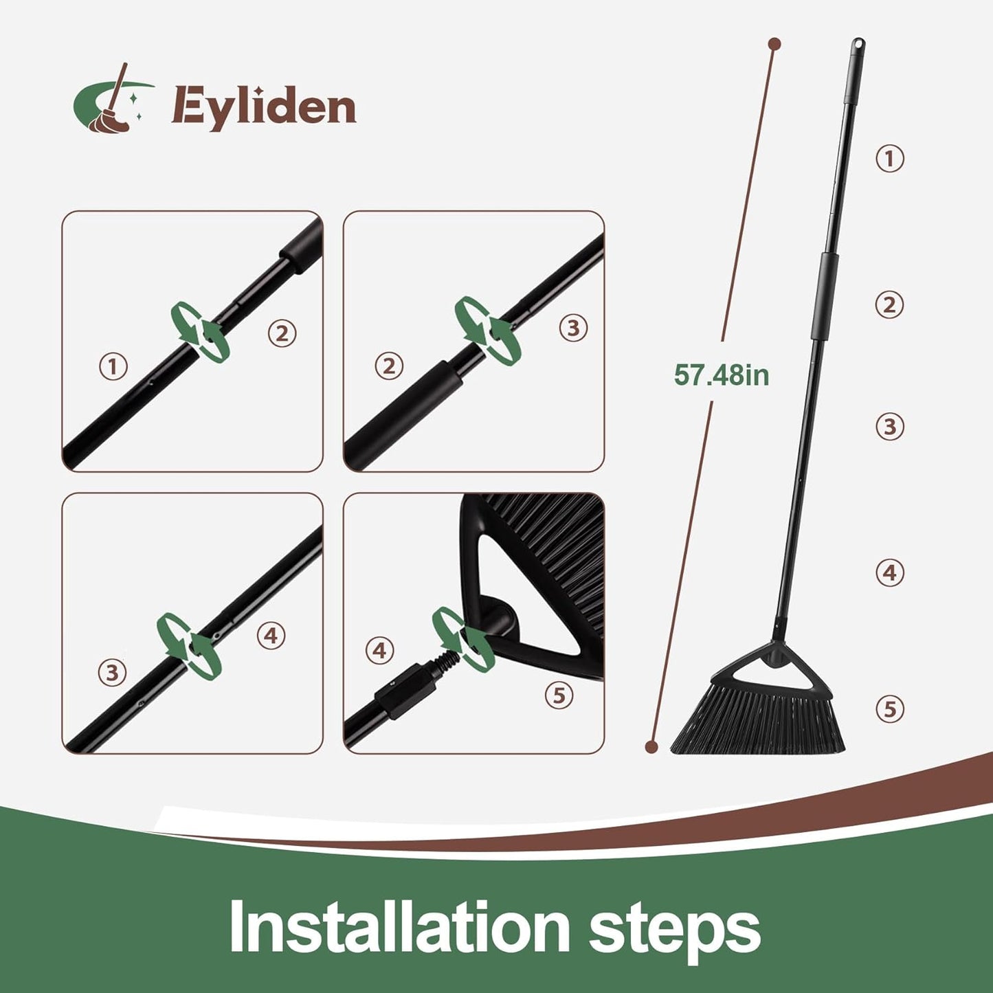 Eyliden Broom, Angle Broom with 57" Long Handle, PET Bristles - Fit Heavy-Duty Cleaning, Also Works Well Fine Dust - Commercial Outdoor Indoor Sweeper for Courtyard Sidewalk Deck Kitchen Lobby, Black