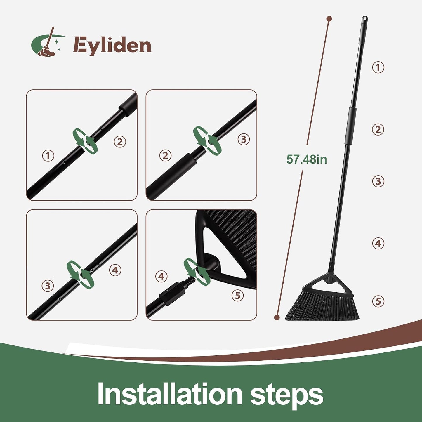 Eyliden Broom, Angle Broom with 57" Long Handle, PET Bristles - Fit Heavy-Duty Cleaning, Also Works Well Fine Dust - Commercial Outdoor Indoor Sweeper for Courtyard Sidewalk Deck Kitchen Lobby, Black
