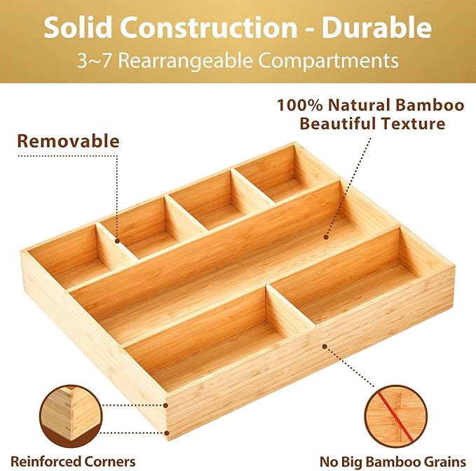 Umilife Large Bamboo Desk Drawer Organizer, Wood Junk Organizer Tray - Image 5