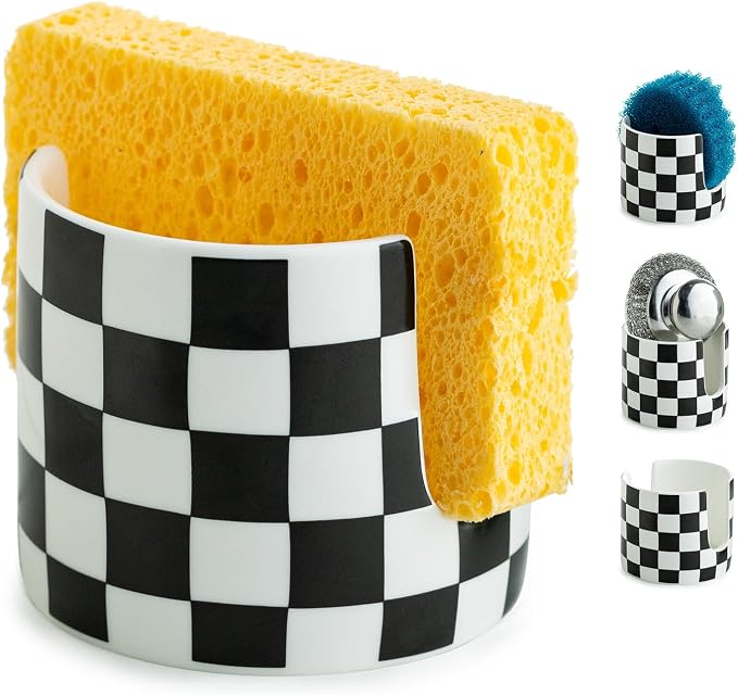 Checkered Kitchen Sink Sponge Holder, Dish Sponge Rack Ceramic Brush Holder by LAUCHUH