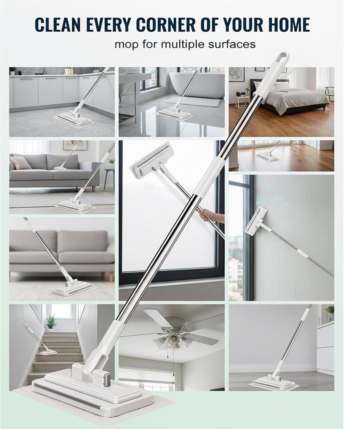 Gropething Mop, Hands-Free Multi-Purpose Flat Mop – Lazy Cleaning with Long Handle & Locking Head for Wall, Bathroom, Toilet, Corners, Multi-Surface Dusting with Disposable Cloths (Long:53in)