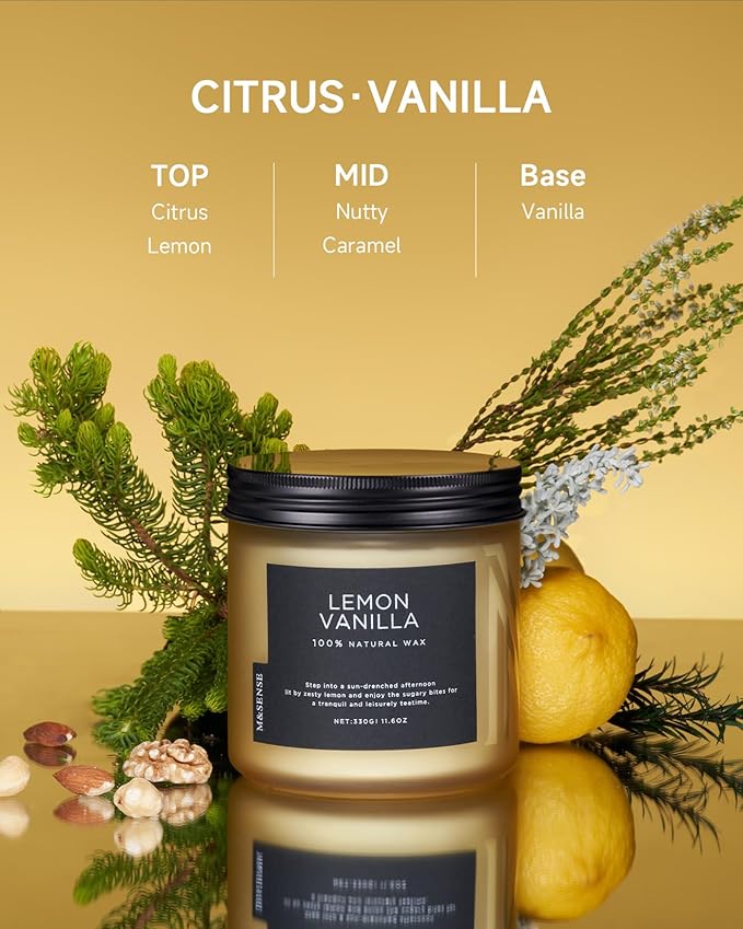 M&SENSE Candles Lemon Vanilla Scented, 11.6oz 70 Hour Long Lasting Candles - Image 2