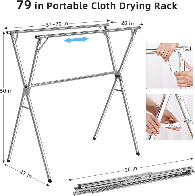 funest Drying Rack Clothing, 79 Inches Adjustble & Foldable Laundry Drying Rack - Image 6