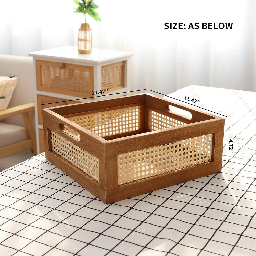Woven Wooden Basket Wood Storage Crate Box, Bamboo Basket with Built-In Handl...