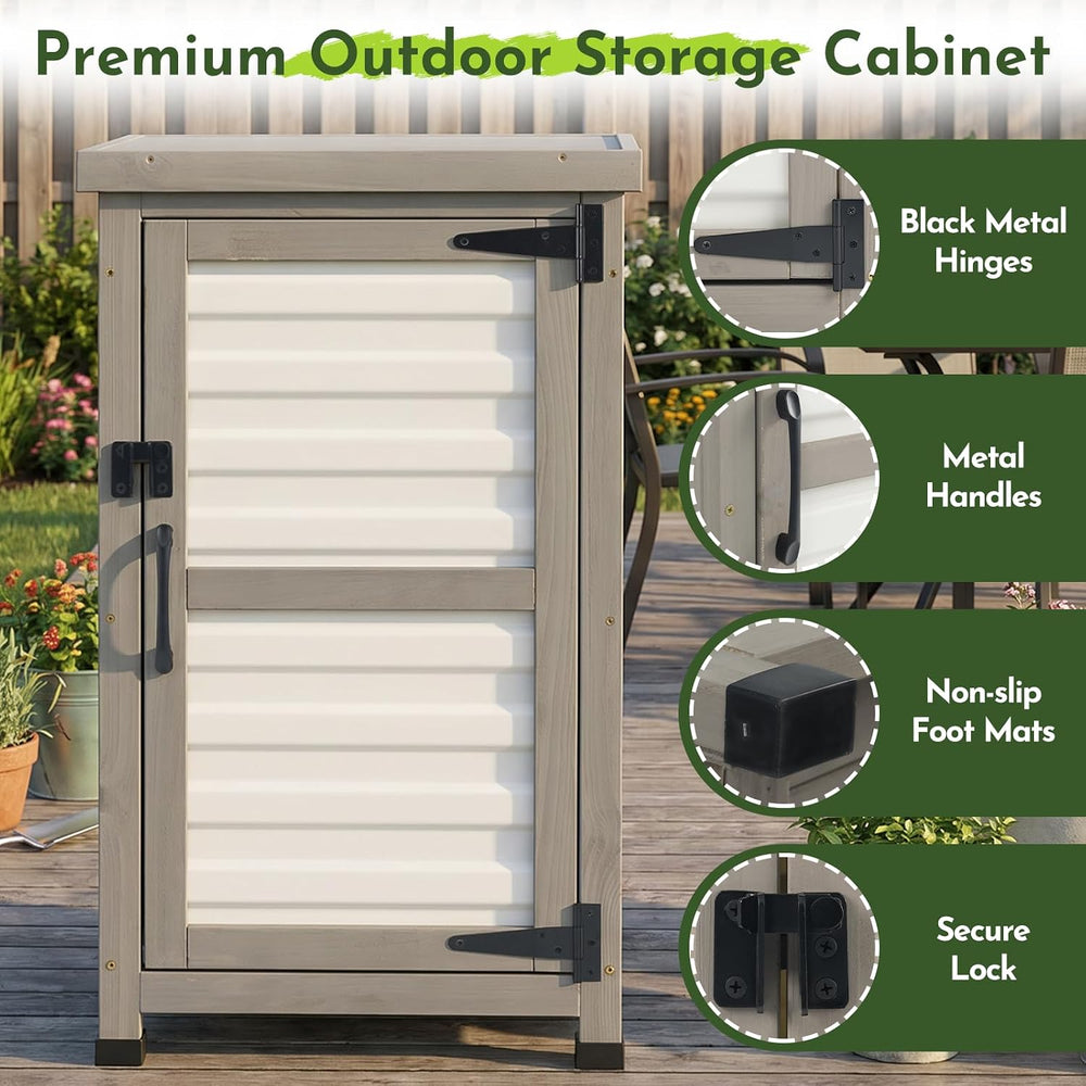 Small Outdoor Storage Cabinet with Waterproof Metal Top, White Wood & Pla...