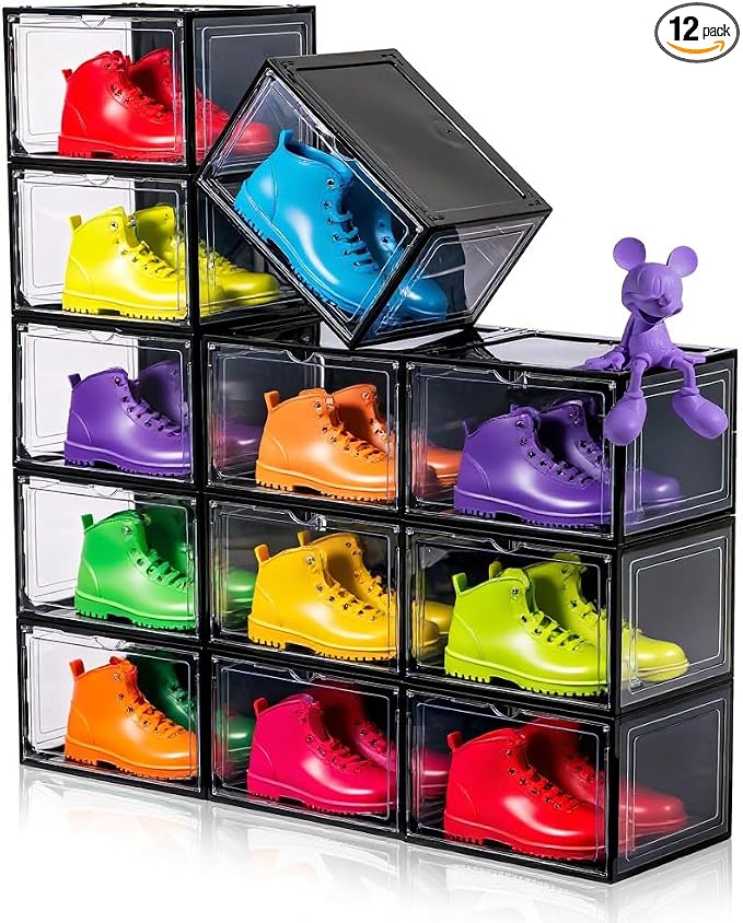 12 Pack Black Shoe Boxes Stackable, Large Shoe Storage Organizer by CKHXR