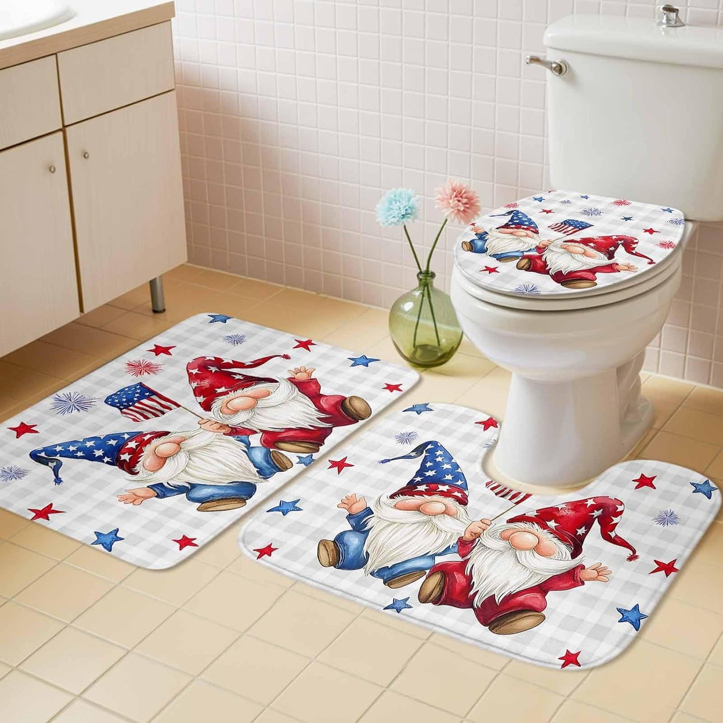4th of July Bathroom Rugs and Mats Sets 3 Piece Patriotic Stars Gnomes Bath Sets Non Slip Bath Rug Set with U Shape Rug Fireworks Grey Buffalo Plaid Contour Toilet Rug for Bathroom Floor Large Size