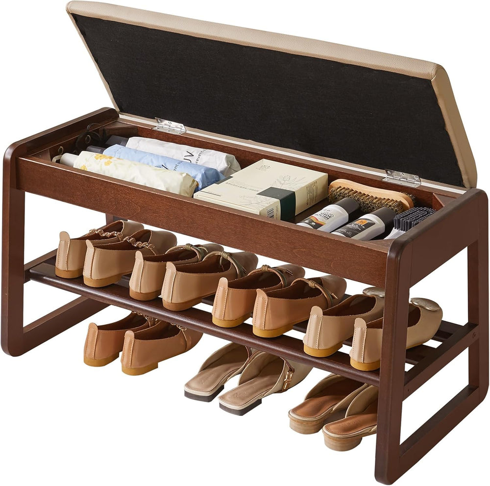 Aibiju Shoe Rack Bench with Cushion, 2 Tiers Wood Shoe Bench with Flip-Top St...