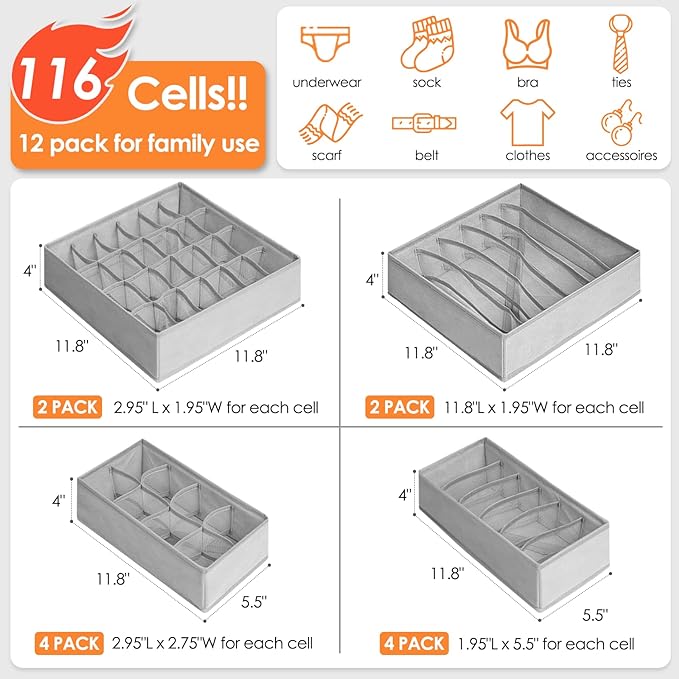 12 Pack Sock Underwear Drawer Organizer Dividers, 116 Cells Fabric Foldable - Image 3