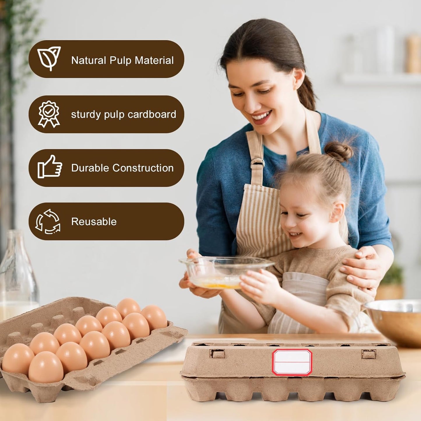 24 Pack Dozen Egg Cartons Bulk 12 Count, Empty Natural Paper Pulp Egg Cartons Reusable, Strong Sturdy Design Made from Natural Cardboard