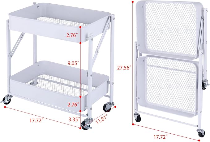 Melody House 2-Tier Metal Folding Rolling Cart, Mobile Utility Cart Trolley - Image 7