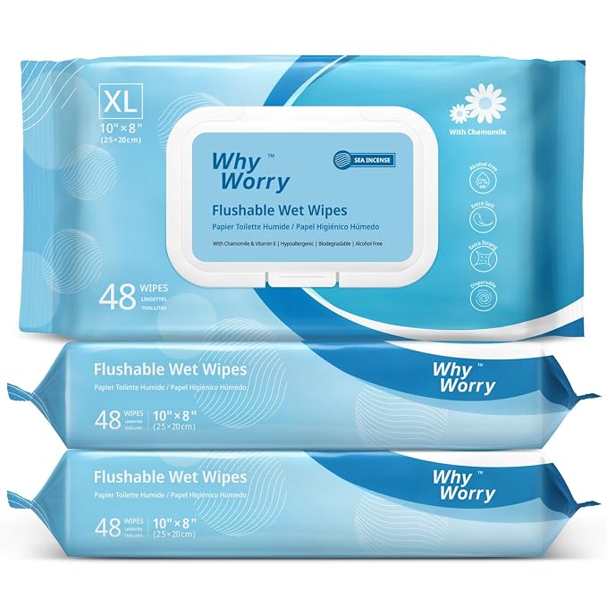 WhyWorry Flushable Wipes for Adults, Extra Large 8"x10" Butt Wipes for Toilet & by WHYWORRY