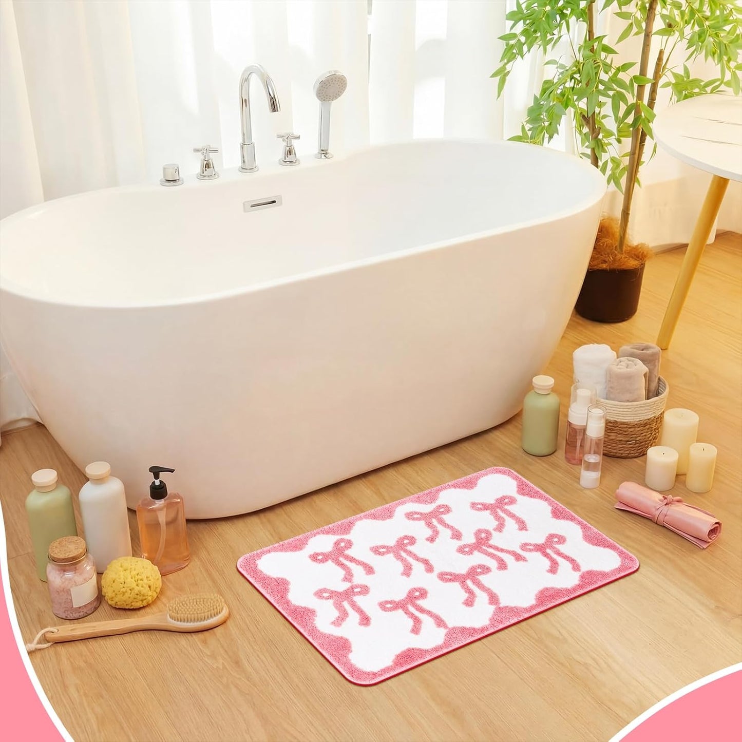 Nuanchu 3 Pcs Pink Bow Bathroom Rugs Set, Cute Bow Bath Mat Soft Non Slip Absorbent Coquette Bathroom Decor, Washable Bath Mat, U Shaped Toilet Rug for Bedroom, Living Home 31.5x20/ 24x22/ 24x17 Inch