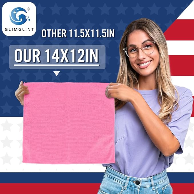 GLIMGLINT Pink Microfiber Cleaning Cloth, 12 Pack Cleaning Towels - Image 2