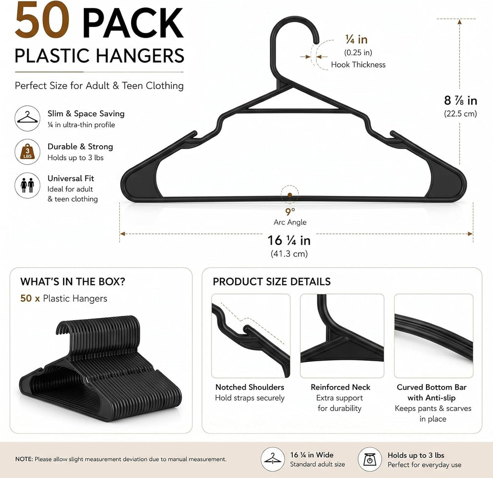 Lineshading 50 Pcs Slim Plastic Hanger Bulk Black Clothing Hanger Shoulder