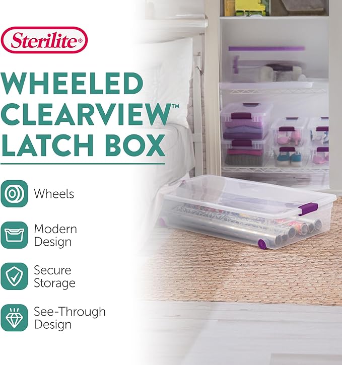 Sterilite 4-Pack 60 Quart ClearView Latch Box, Wheeled Underbed Organizer Bins - Image 2