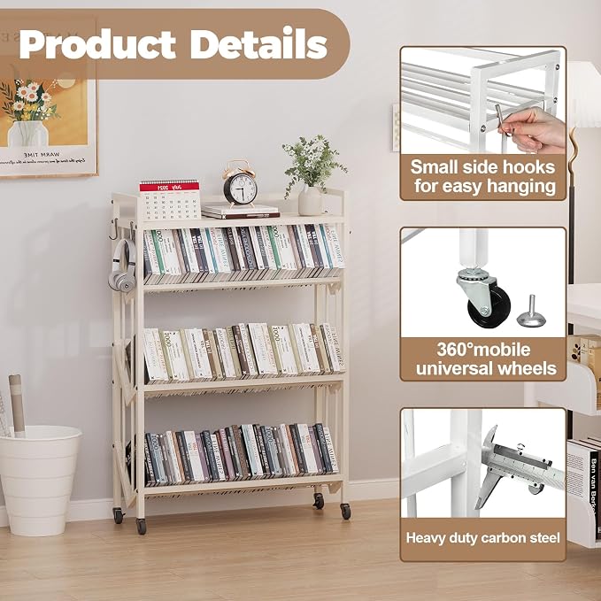 Book Carts 4 Tier 46.5x35.4x9.84 in Rolling Book Cart Large Capacity Bookshelf - Image 3