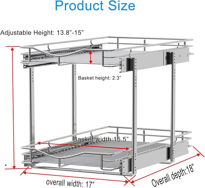 DINDON 2 Tier Pull Out Cabinet Organizer Heavy-Duty Metal Sliding Drawer Shelf - Image 3