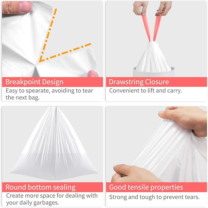 Small Trash Bags, KONE 192 Count 4 Gallon Drawstring Extra Thick Garbage Bags - Image 6