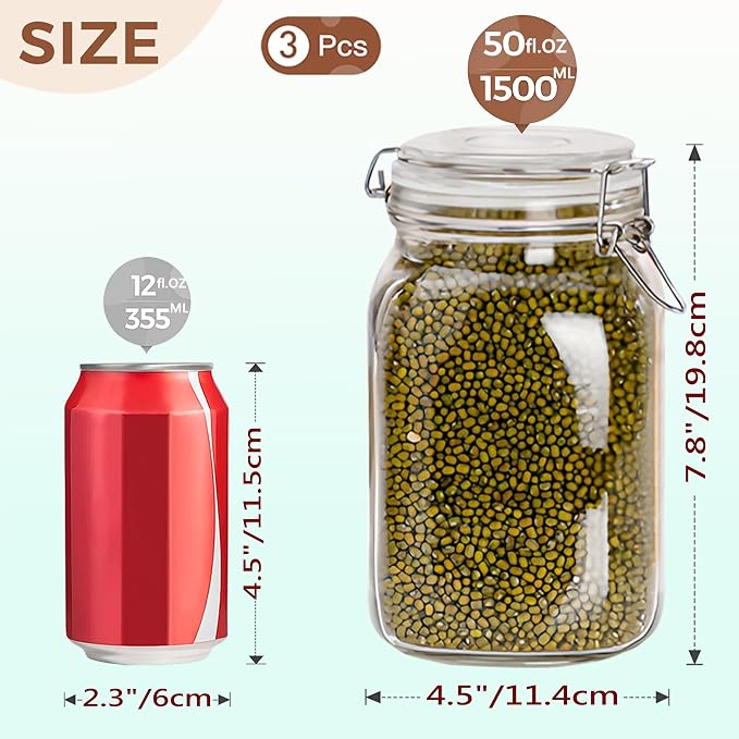 Clear Food Storage Jars 50oz Square, Airtight Glass Canister - Image 2