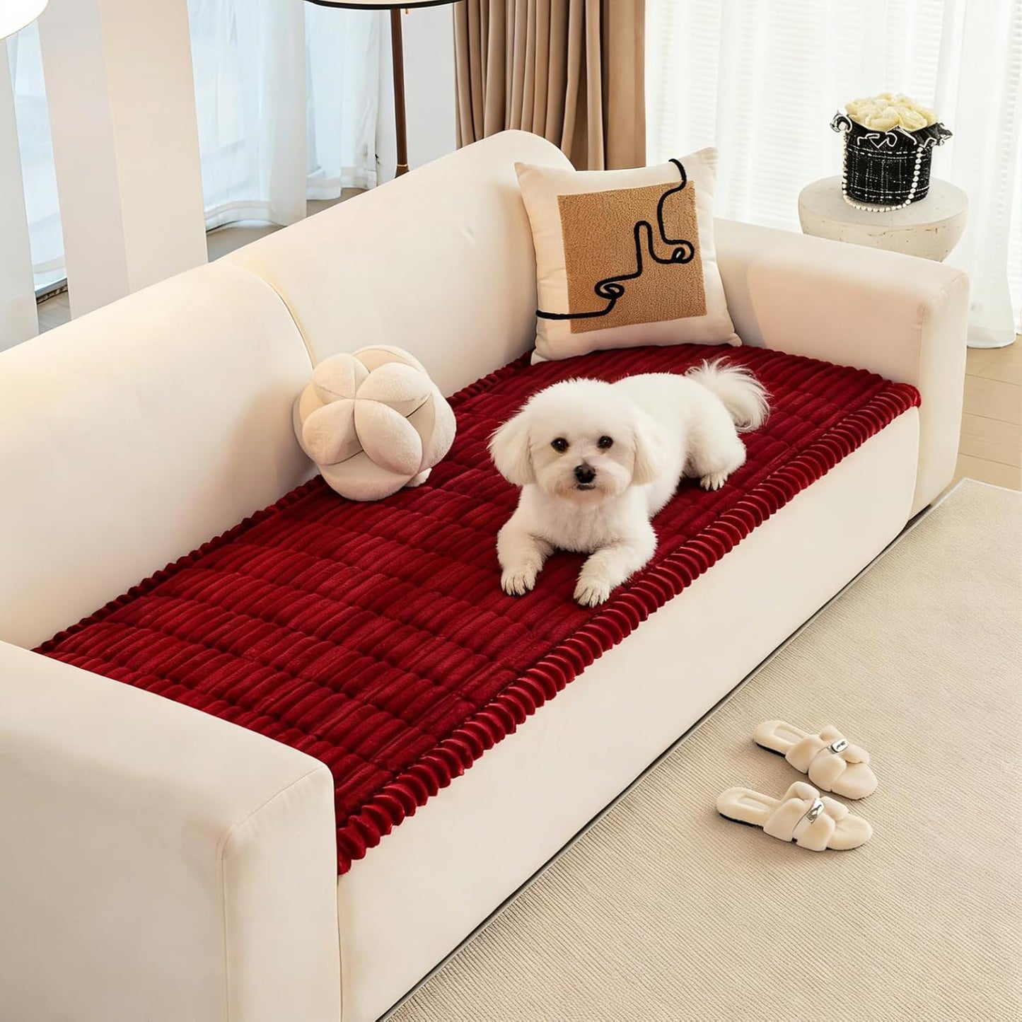 Pet Couch Cover for Dogs Washable, Pet Friendly & Anti-Slip Soft Fuzzy Couch Protector Sofa Pad Blanket Dog Mat Sectionals Slipcover 3 Cushion for Bed Floor Carpet Car Seat (Red, 27"x59")