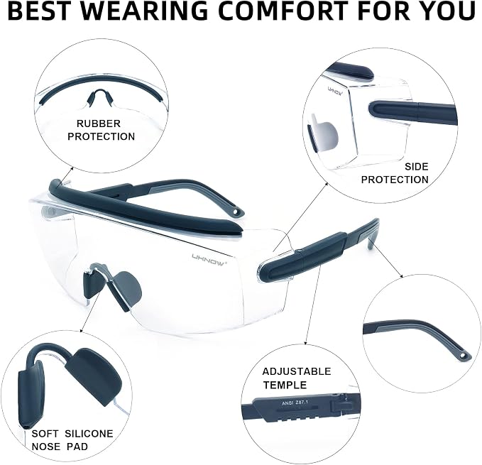 UKNOW Safety Goggles Over Glasses, Safety Glasses Anti Fog Wraparound Eye - Image 4