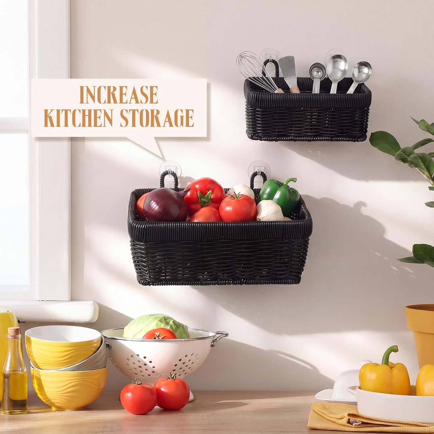 Tioncy 2 Pcs Woven Hanging Wall Baskets for Storage Boho Style Hanging Storage Plastic Woven Baskets with 4 Hooks for Kitchen Garden Living Room