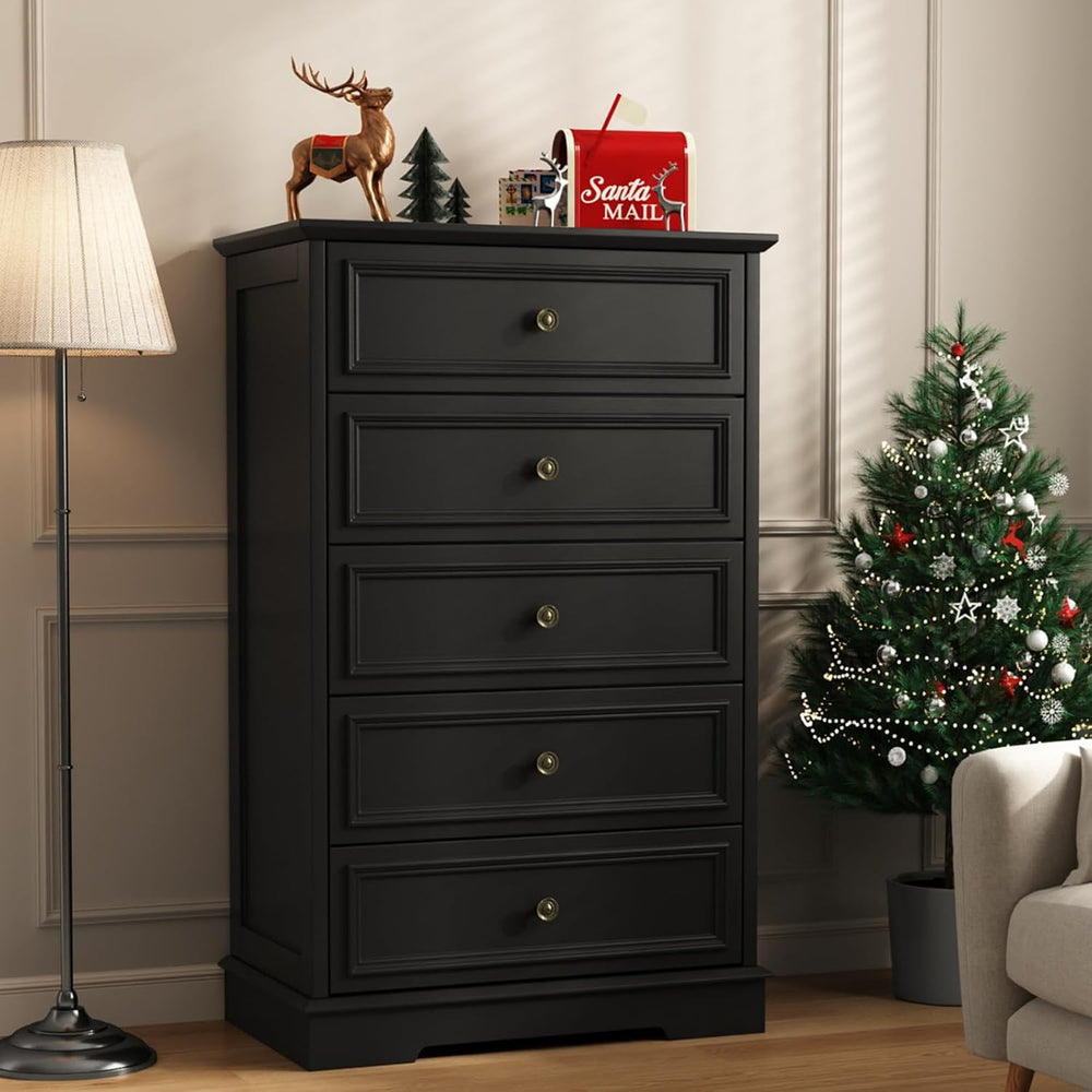 Black 5 Drawer Dresser, 44" Tall Wooden Dresser and Chest of Drawers for...
