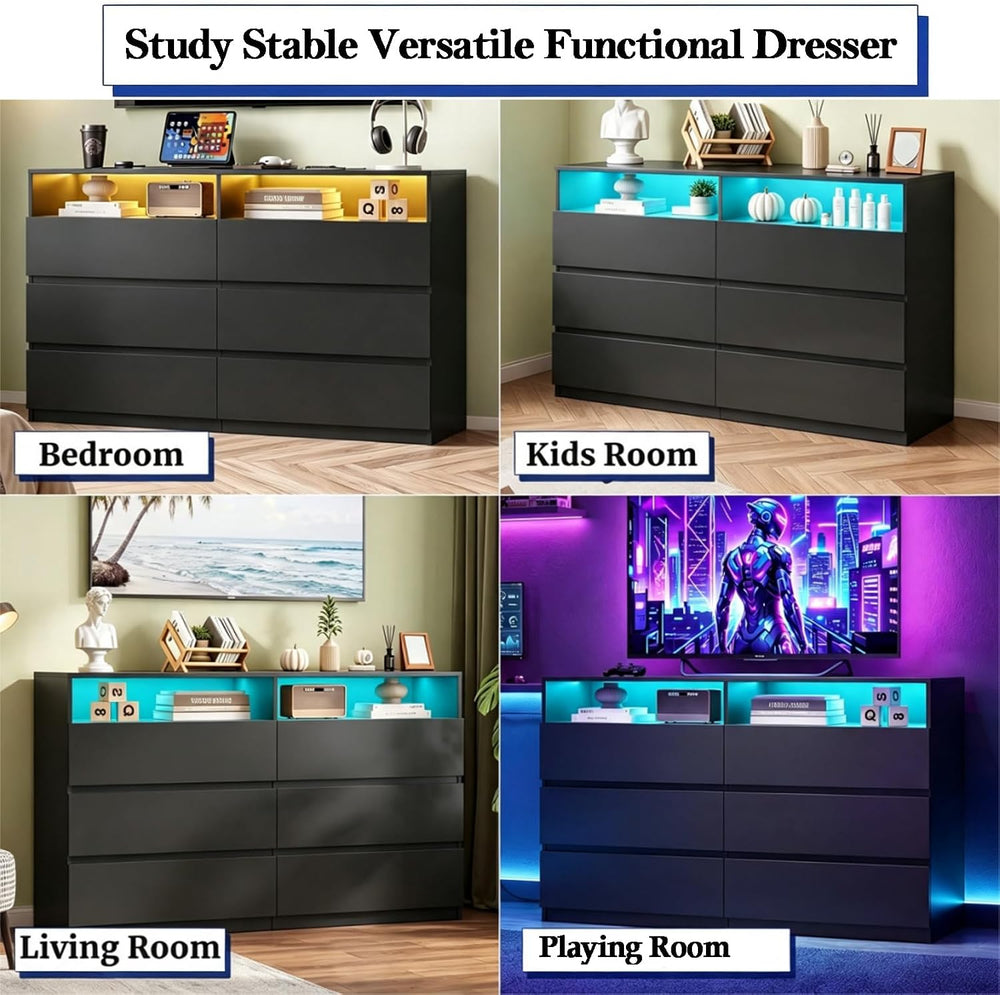 Premium 6 Drawers 2 Shelves 47"L Bedroom Black Dresser with RGB Lights