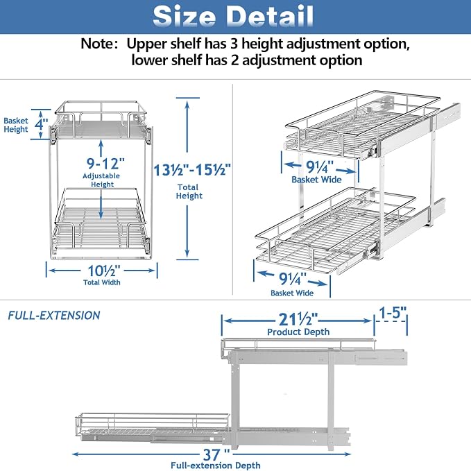 2 Tier Individual Pull Out Cabinet Organizer 10½" W x 21½" D, Heavy Duty - Image 3