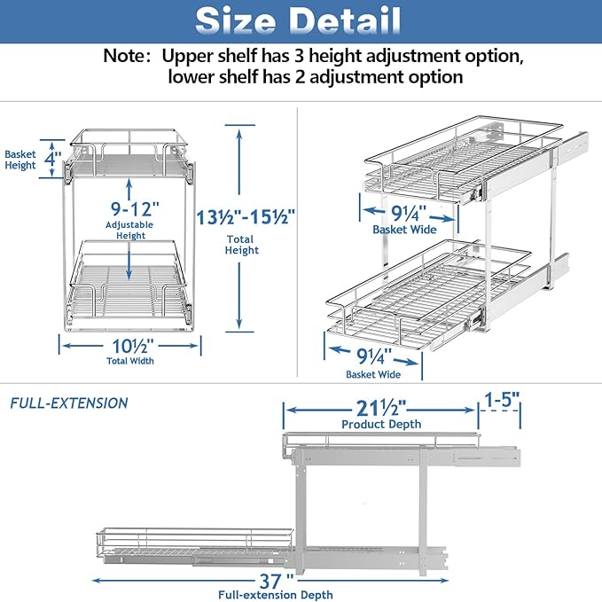 LOVMOR 2 Tier Individual Pull Out Cabinet Organizer 10½" W x 21½" D, Slide Out - Image 3