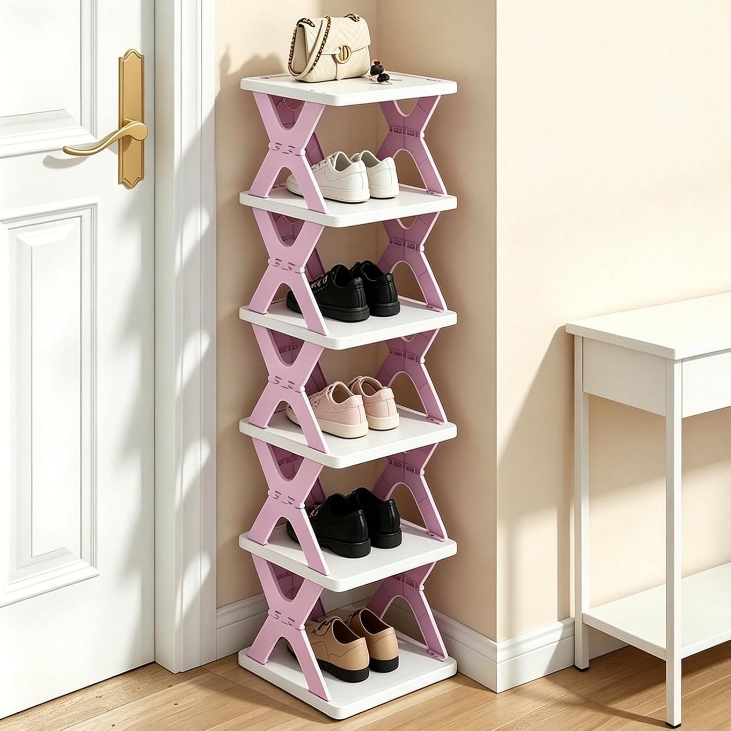 6 Tier Foldable Pink Shoe Rack, Adjustable Vertical Kids Shoe Organizer | Compact Freestanding Narrow Shoe Storage Shelf, Tool-Free Assembly Space Saving Shoe Holder for Entryway, Closet & Kids Room