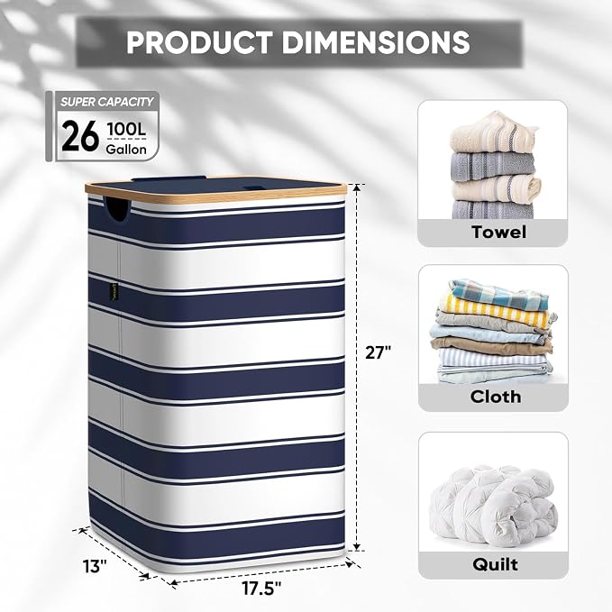 BALEINE Laundry Hamper with Lid, Tall Laundry Baskets with Bamboo Pull Handles - Image 4