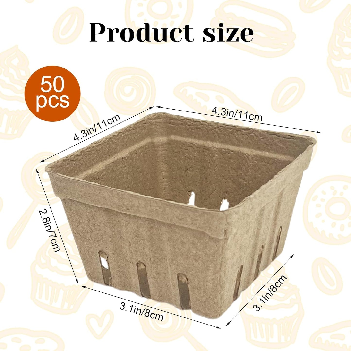 Rainmae 50 Pack Natural Pulp Fiber Berry Basket, Molded Berry Basket Produce Vented Container for Strawberry Blueberry Raspberry and Vegetable, Farmer Market, Grocery Stores, Backyard Party