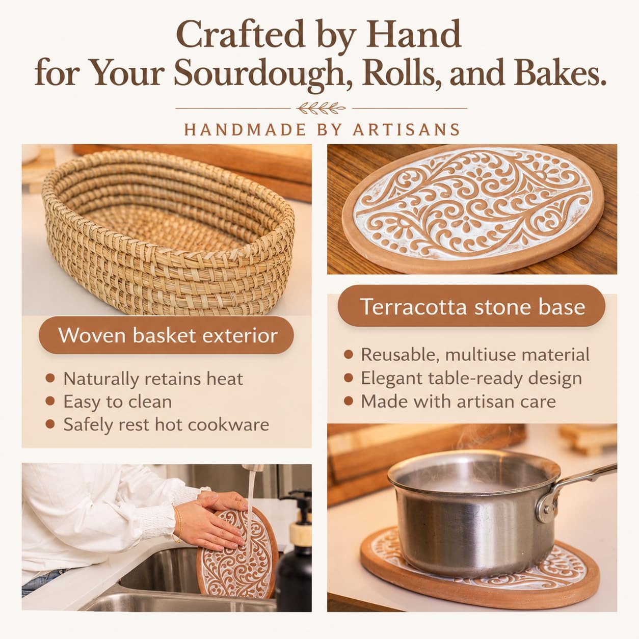 Bread Warmer Basket with Stone, Bread Basket for Serving Rolls & Sourdough | Terracotta Warming Stone Keeps Bread & Tortillas Warm, Gift for Bakers, Hostess Gift, Housewarming, Birthday
