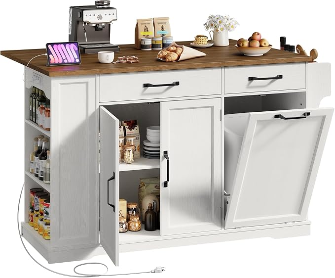 Kitchen Island with Power Outlet & Drop Leaf, Rolling Storage Cart with Trash - Image 8