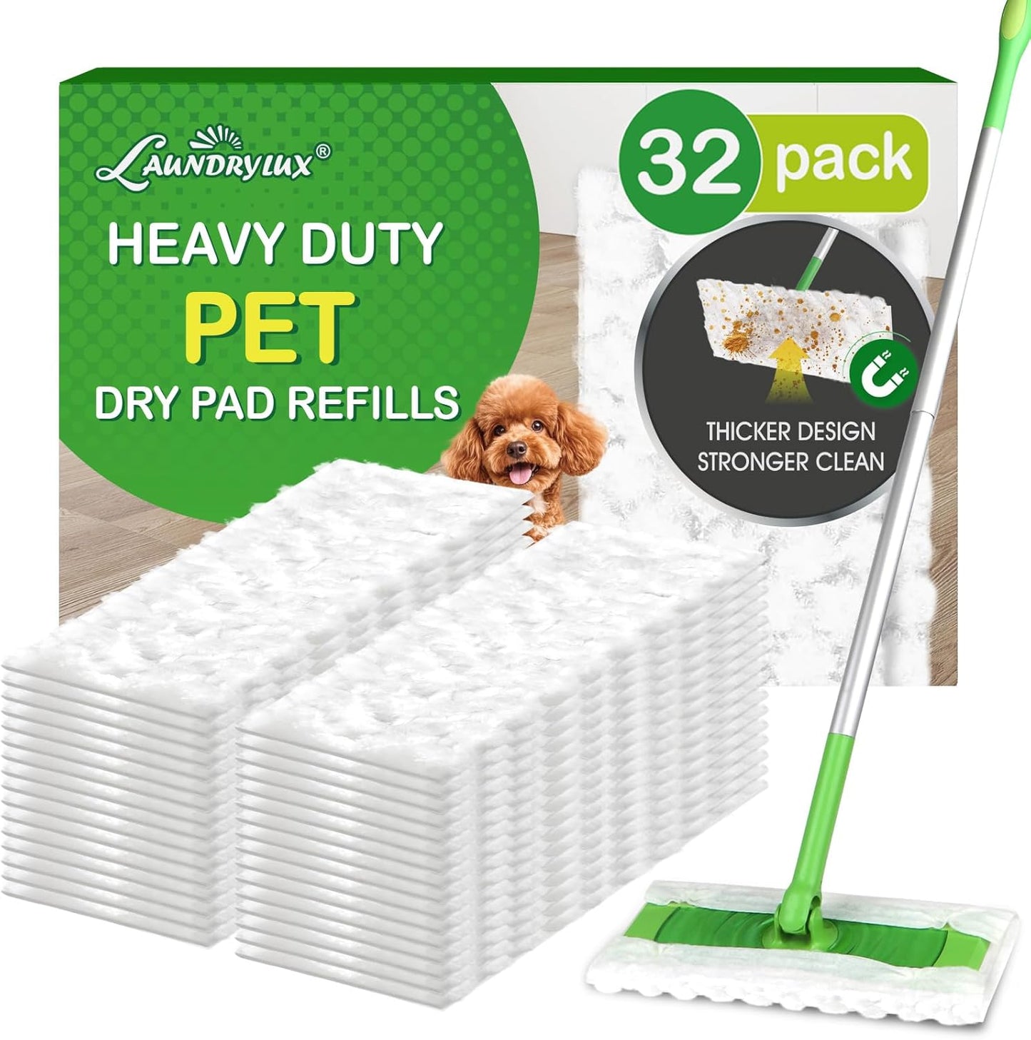 LAUNDRYLUX Heavy Duty Dry Sweeping Cloths Refills Compatible with Swiffer Sweeper, Multi Surface Pet Dry Pads Refill, Floor Cleaner for Dust, Hair, Dirt, Disposable Duster Mop Pad - 32 Count