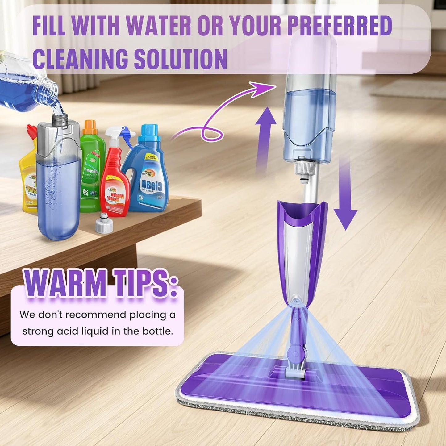 Spray Mop for Hardwood Floors Cleaning with 3 Washable Pads, Microfiber Wet Mops with Sprayer for Home Kitchen Tile Wood Vinyl Laminate,16.9 oz Refillable Bottle, Purple