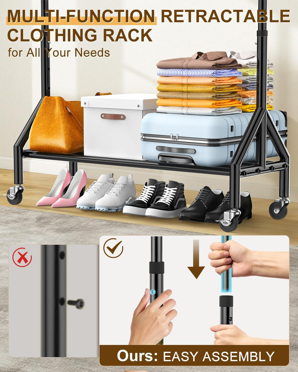 Heavy Duty Clothes Rack Load 520LBS, Adjustable Rolling Clothing Rack with St...